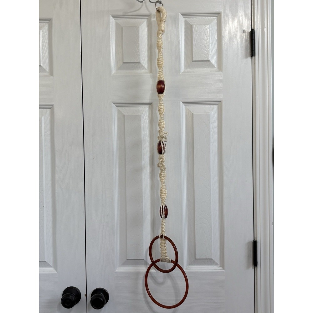 Vintage macrame towel holder decorative wooden beads and a double-ring design